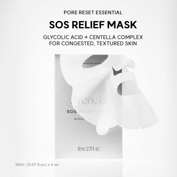 SOS Relief Mask, Pore Reset Sheet Mask for Oily &amp; Congestion-Prone Skin with Glycolic Acid, BHA, PHA, Centella &amp; Ceramide, 4 Sheets