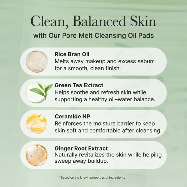 Pore Melt Cleansing Oil Pad, Easy Makeup Removing with Cleansing Wipes with Green Tea, Rice, Ceramide, 4.73 oz. (50 Pads)