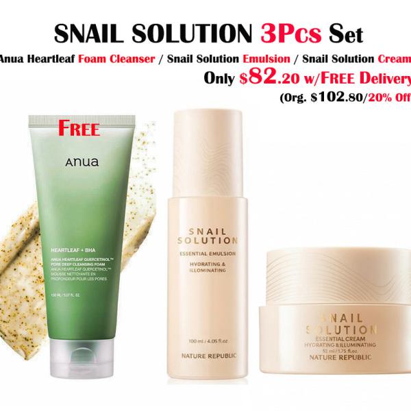 SNAIL SOLUTION ESSENTIAL SET ( Snail Solution Essential Emulsion &amp; Cream w/ FREE Anua Heartleaf Deep Cleansing foam 150ml