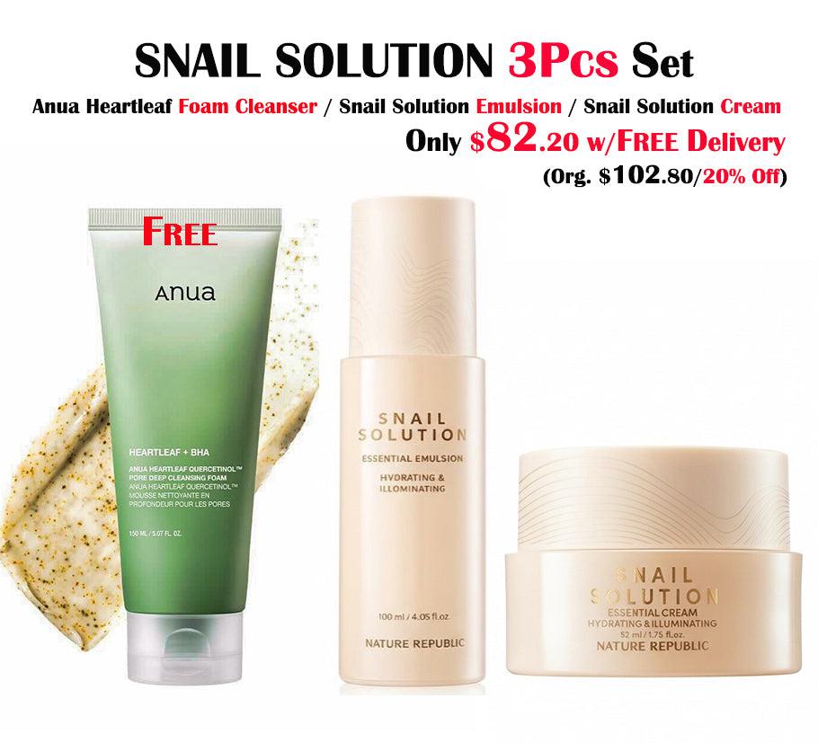 SNAIL SOLUTION ESSENTIAL SET ( Snail Solution Essential Emulsion &amp; Cream w/ FREE Anua Heartleaf Deep Cleansing foam 150ml