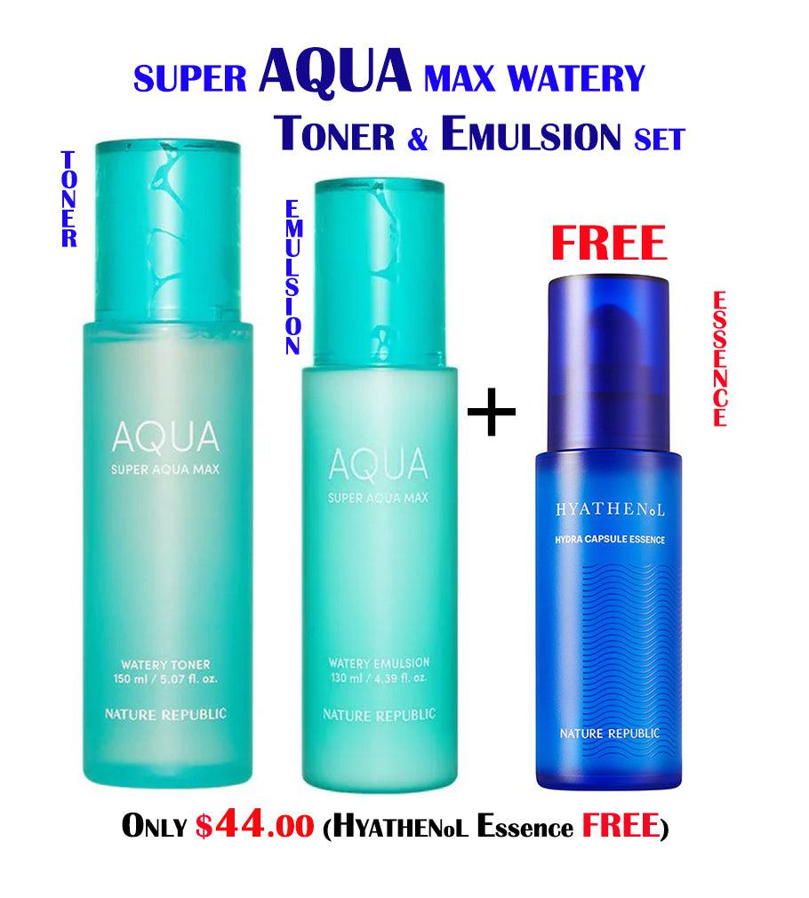 Super Aqua Max Watery Toner &amp; Emulsion Set &amp; FREE HYATHENoL Hydra Capsule Essence