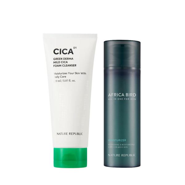 Men's Moisture Care Set - Green Derma Mild Cica Foam Cleanser &amp; Africa Bird Homme All In One Moisturizer